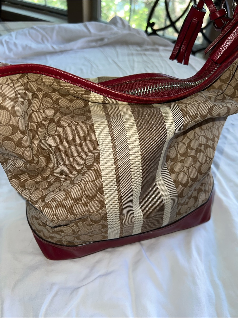 Coach Khaki Signature Canvas Shoulder Bag with Red Trim - Picture 2 of 3